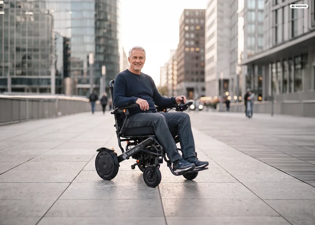 Mann mit dem Instafold+ auf einem Weg in der Stadt Mann mit dem Instafold+ auf einem Weg in der Stadt